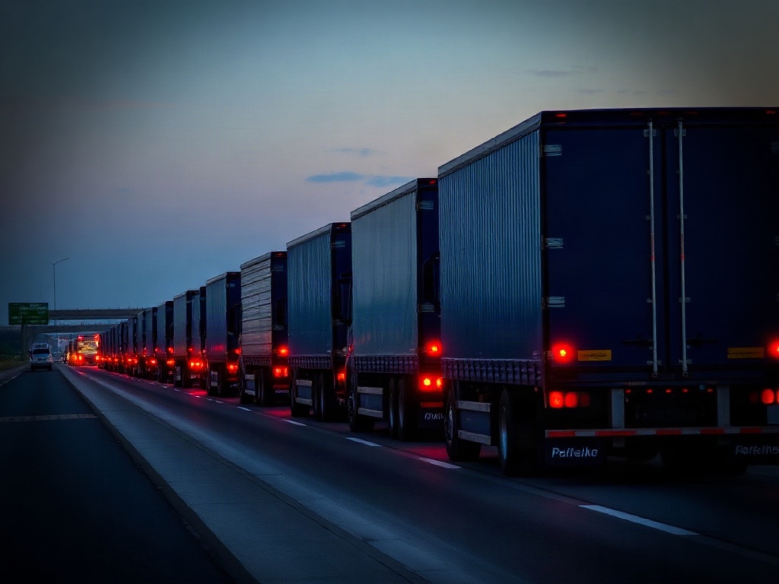 Trucks approaching a commercial port of entry at dusk