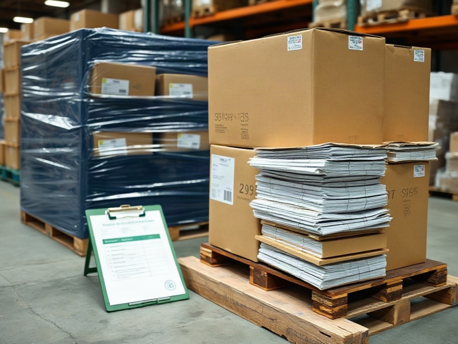 Pallet of boxed goods waiting in a warehouse next to import paperwork